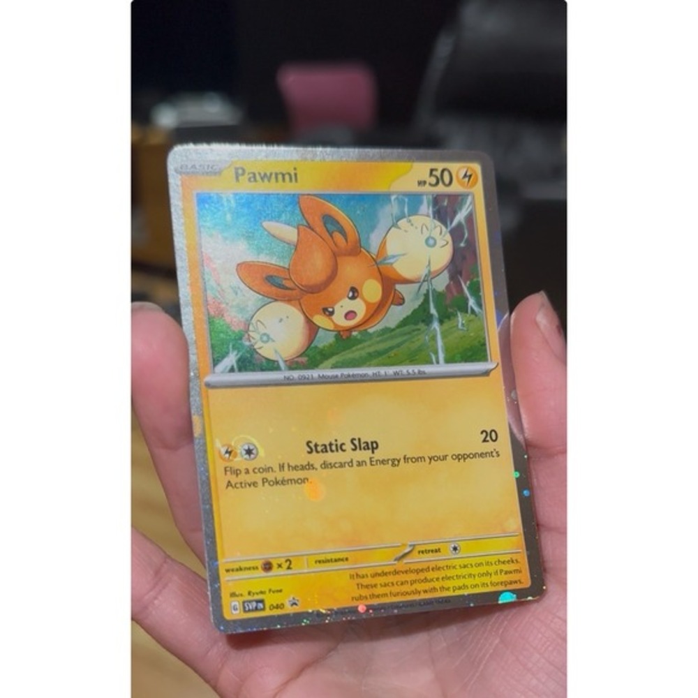 Pawmi promo 040 cosmos holo with HOLO BLEED ERROR AND HD MEW SWIRL🌀pokemon card